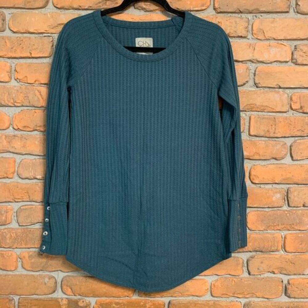 Chaser Womens Small Top Teal Waffle Knit Long Sleeve Button Cuff Detail Tee